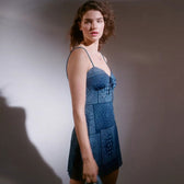 Retro Paisley Patchwork Tie Front Sleeveless Mesh Mini Dress - Blue 2