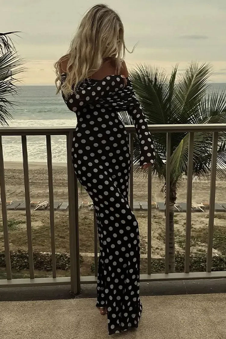 Retro Polka Dot Mesh Foldover Off Shoulder Long Sleeve Formal Maxi Dress