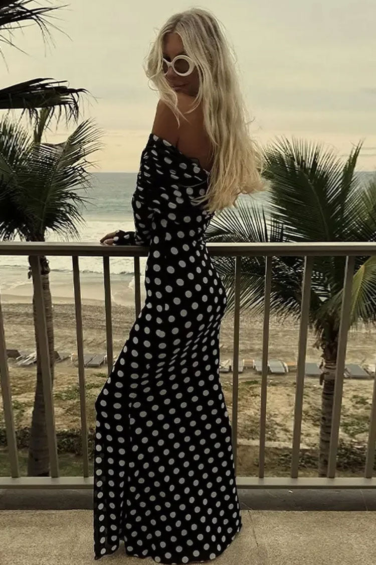 Retro Polka Dot Mesh Foldover Off Shoulder Long Sleeve Formal Maxi Dress