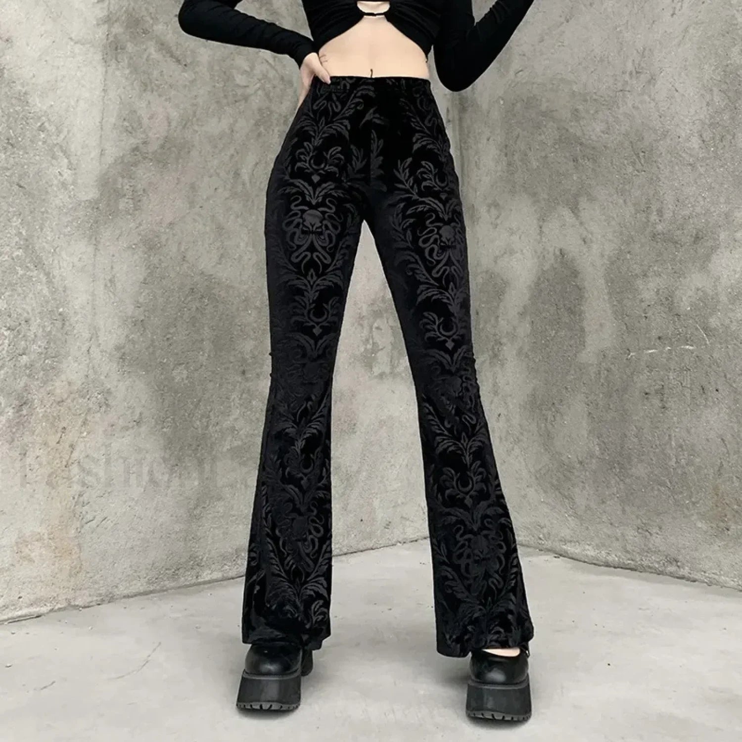Retro Print Black Pants for Halloween Celebrations