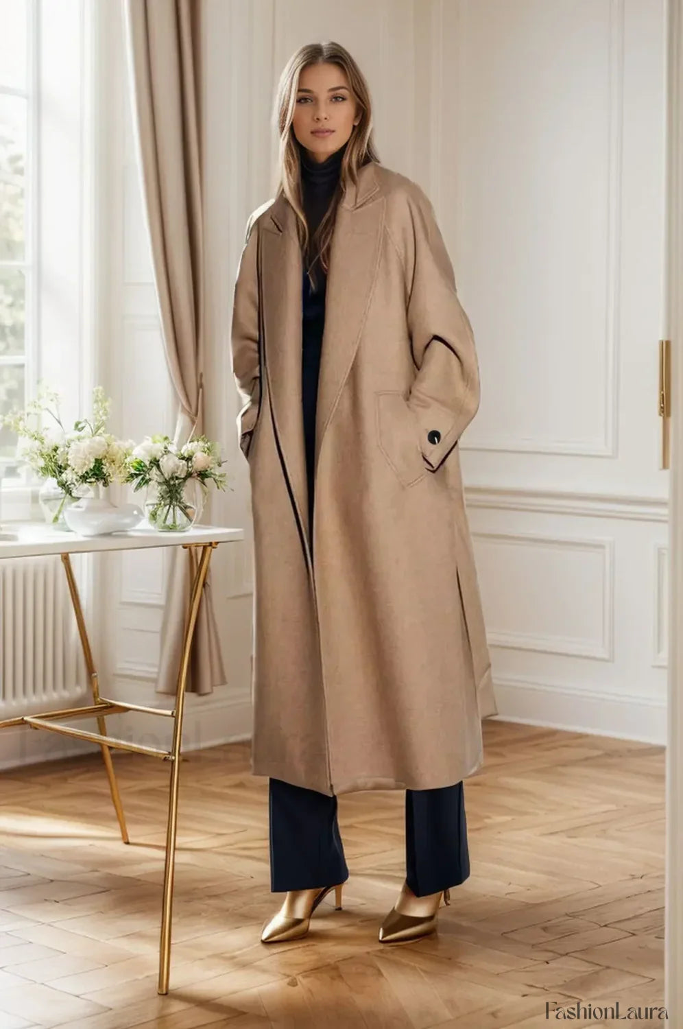 Retro Solid Woolen Coat Women Knee High Thick Turn-Down Overcoat