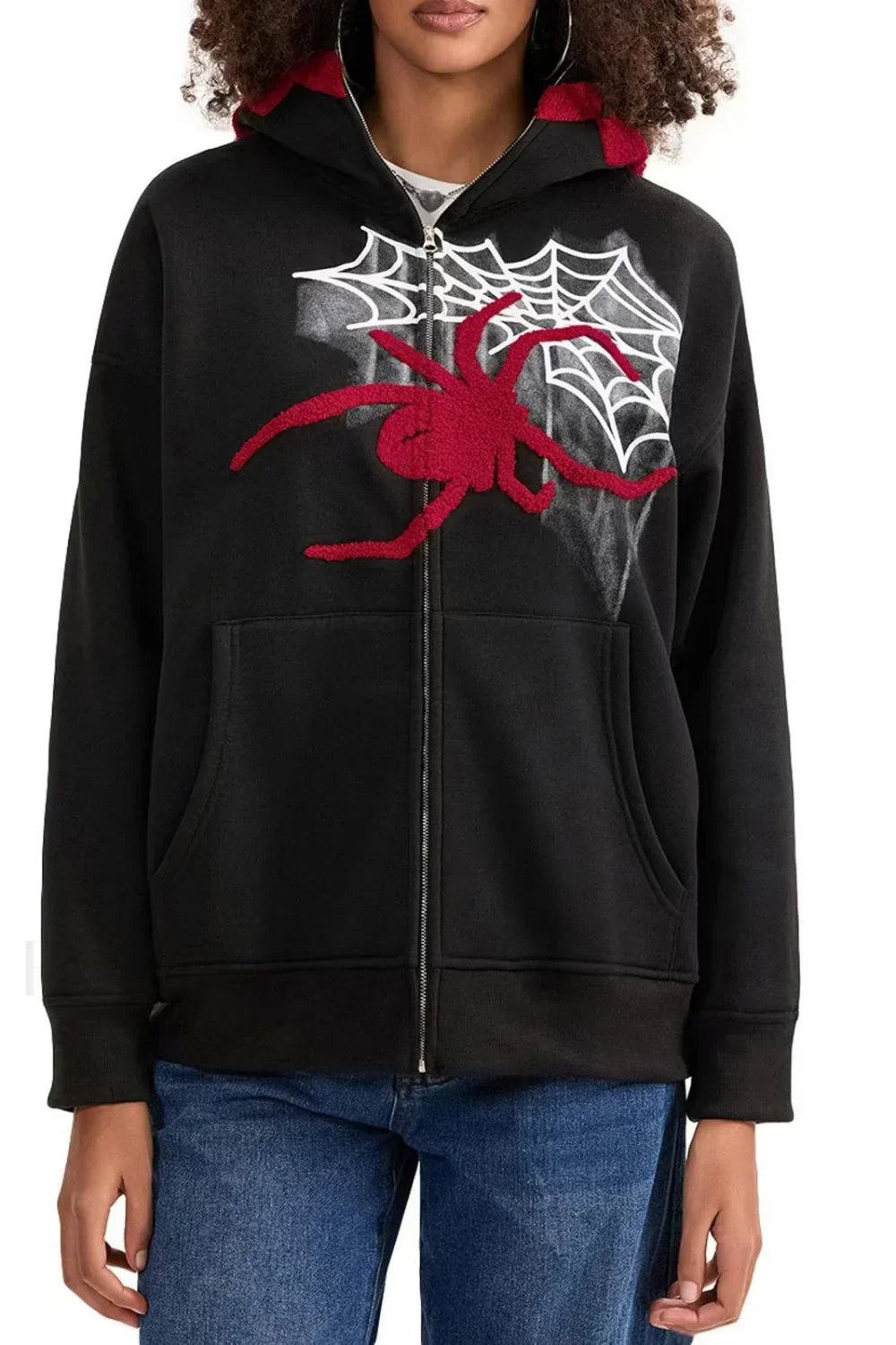 Retro Spider Embroidery Hoodie Black / S