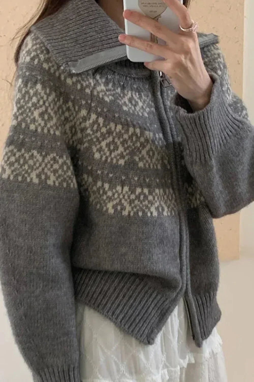 Retro Turtleneck Ribbed Cardigan Grey / One Size