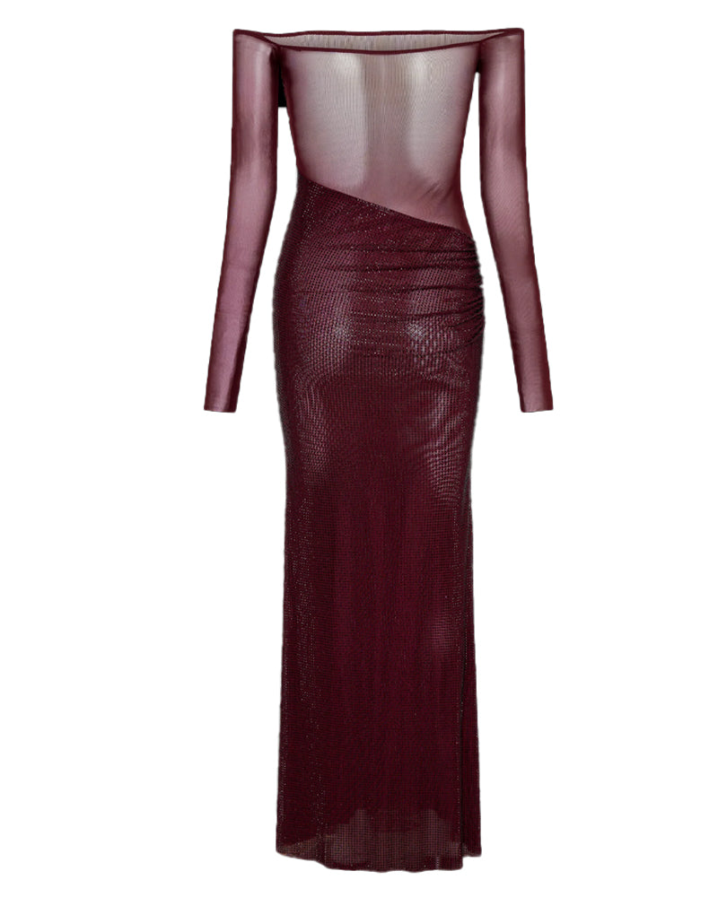 Off Shoulder Long Sleeve Sequin Mesh Maxi Dress 21