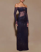 Off Shoulder Long Sleeve Sequin Mesh Maxi Dress 9