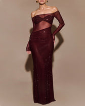 Off Shoulder Long Sleeve Sequin Mesh Maxi Dress