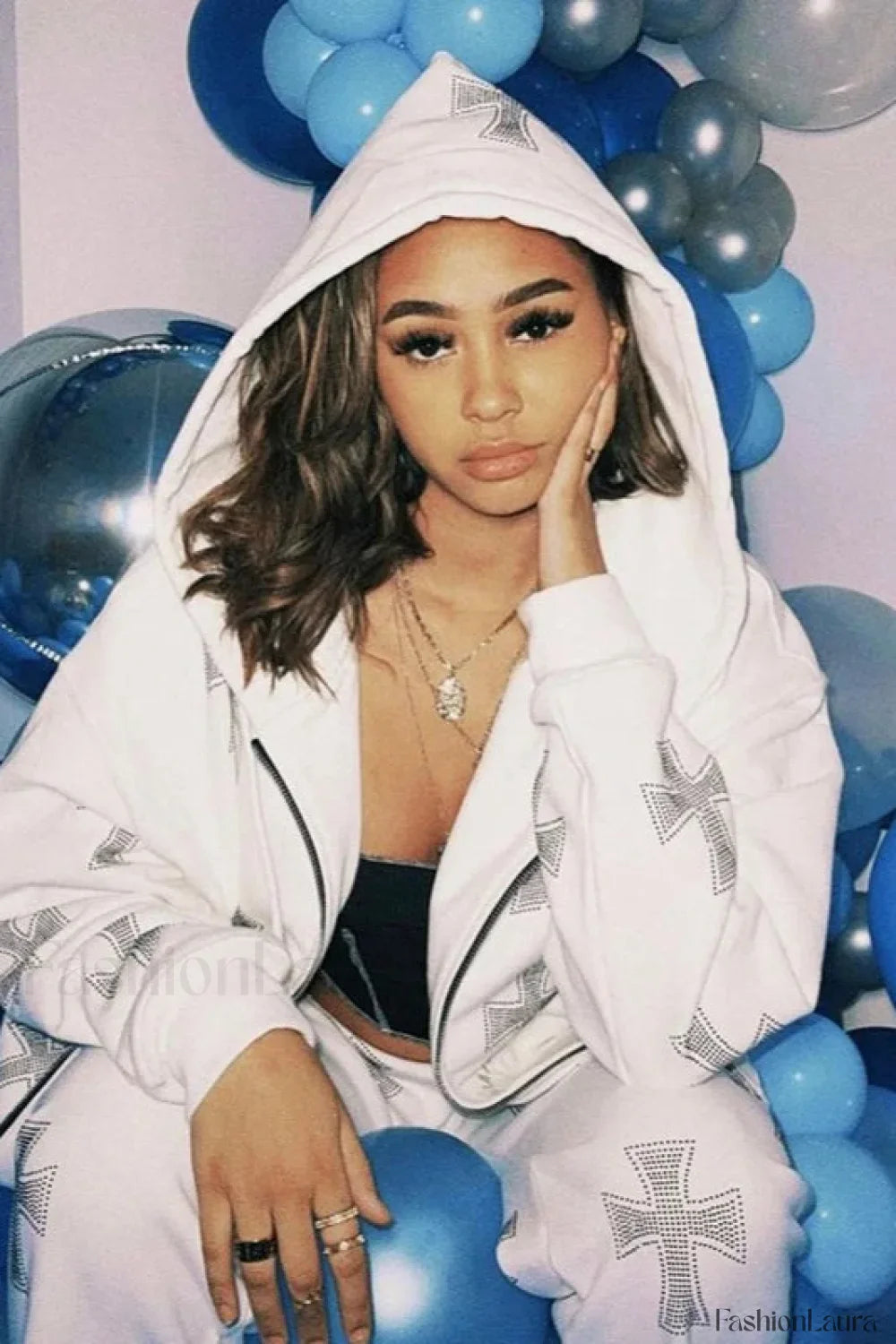 Rhinestone Cross Print Y2K Zip Up Hoodie