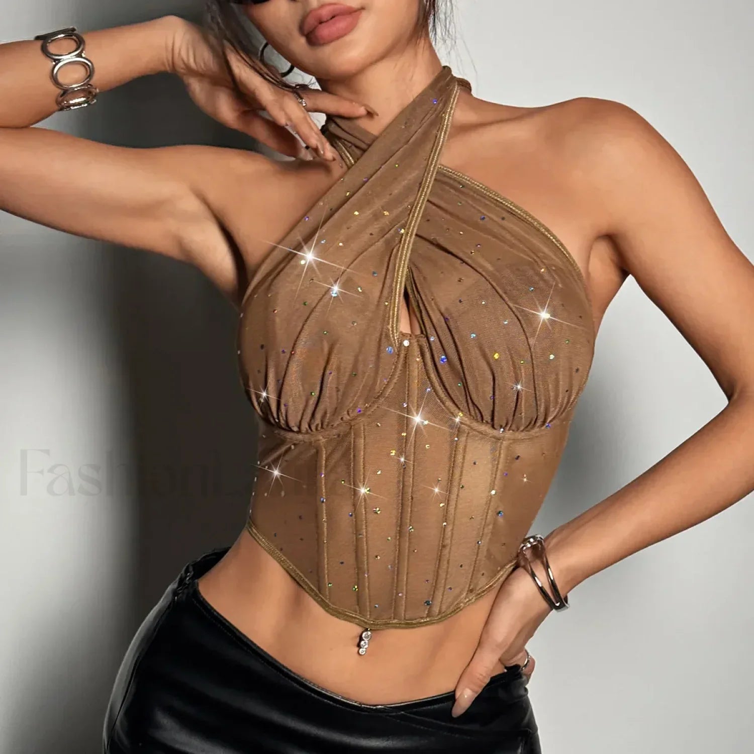 Rhinestone Mesh Corset Crop Top