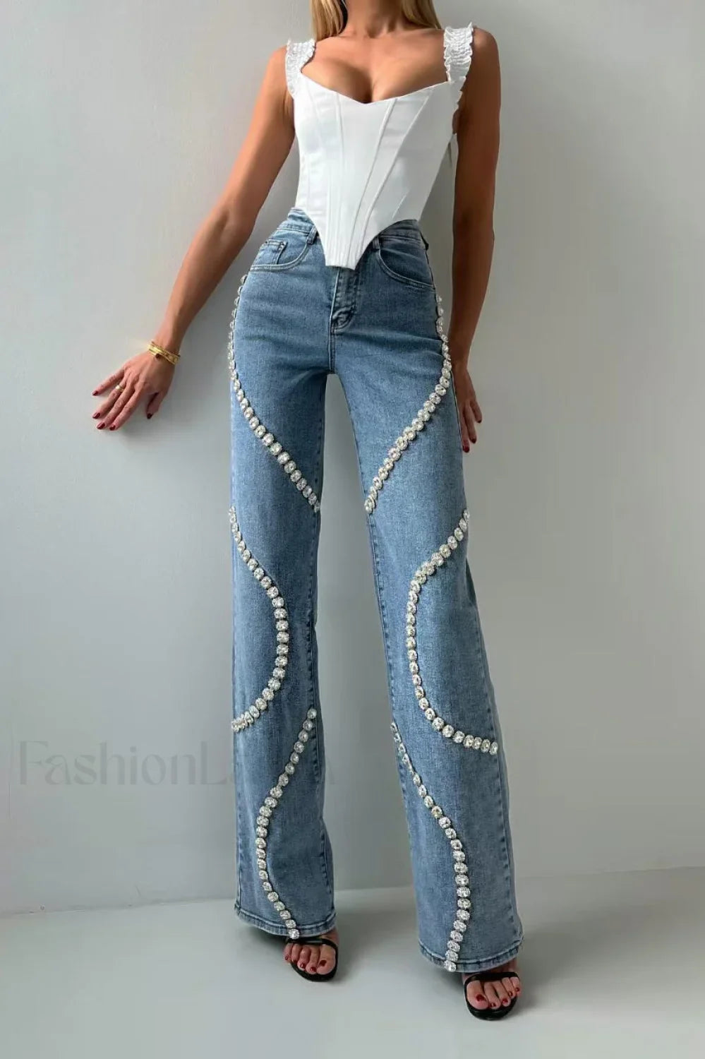 Rhinestone Patch Straight Leg Jeans Blue / S