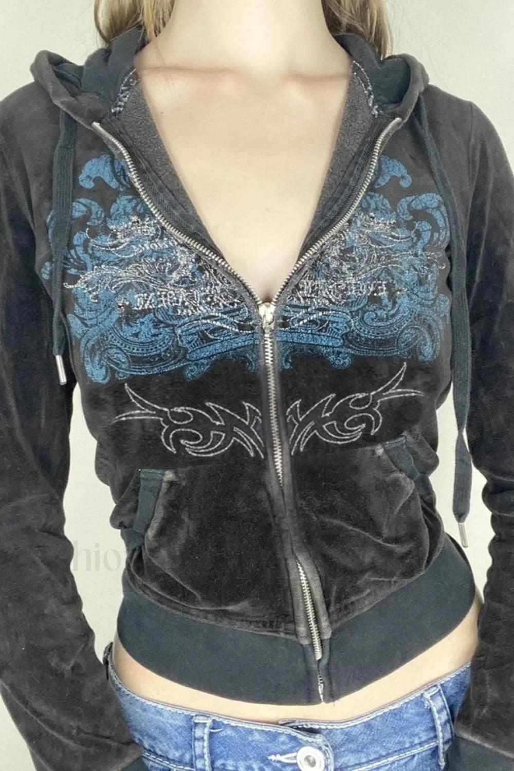 Rhinestone Print Zipper Hoodie