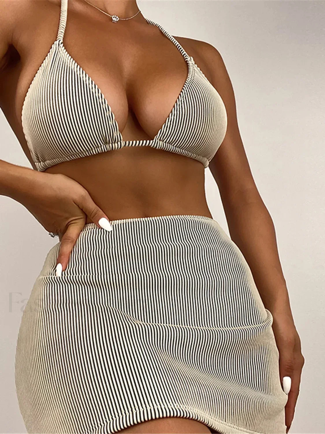 Ribbed Halter Skirt Bikini Three Piece Set