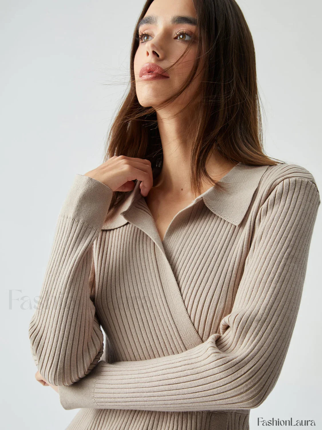 Ribbed Knit Contrast Trim Modern Collared Sweater Midi Dress