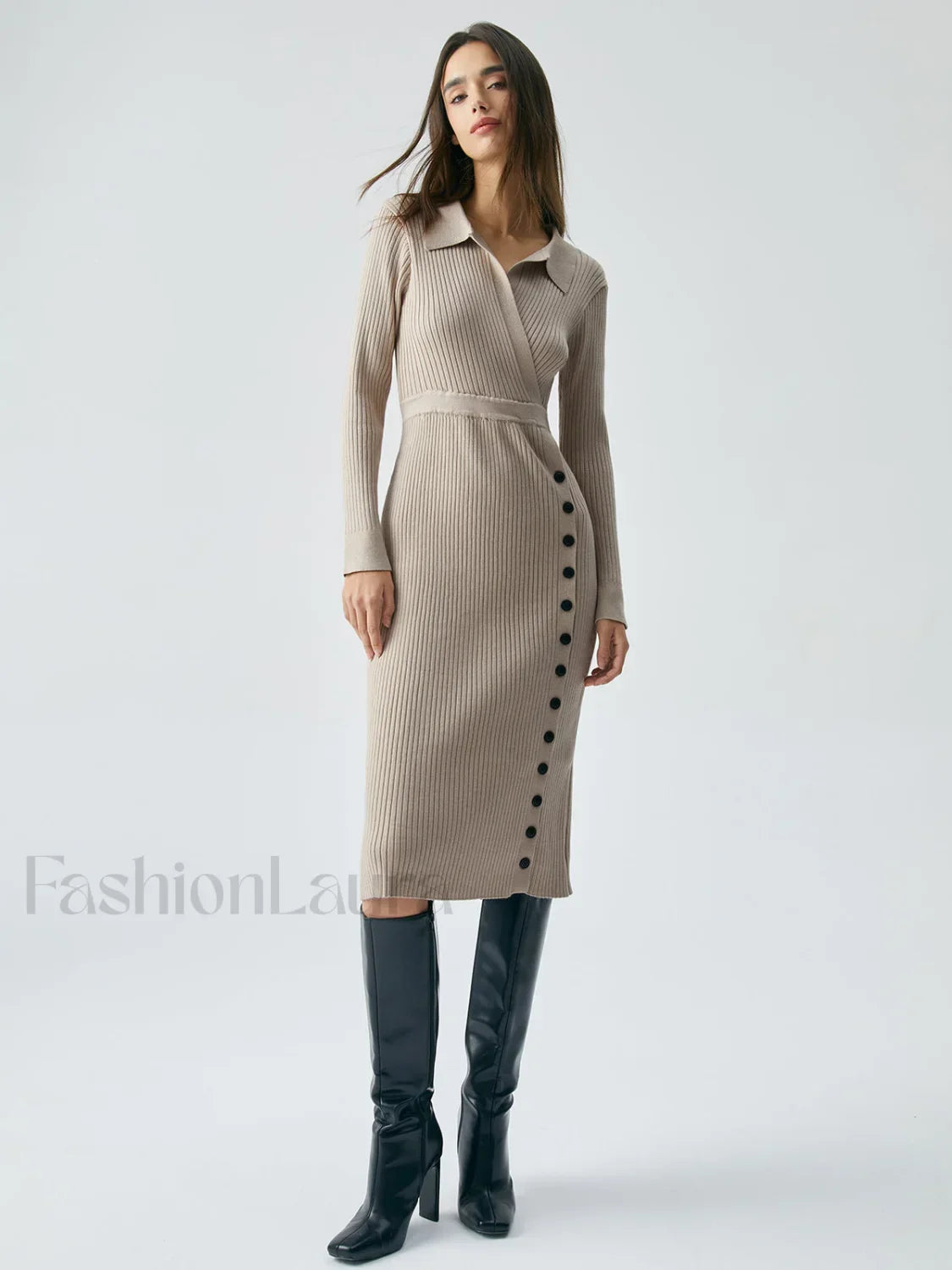 Ribbed Knit Contrast Trim Modern Collared Sweater Midi Dress