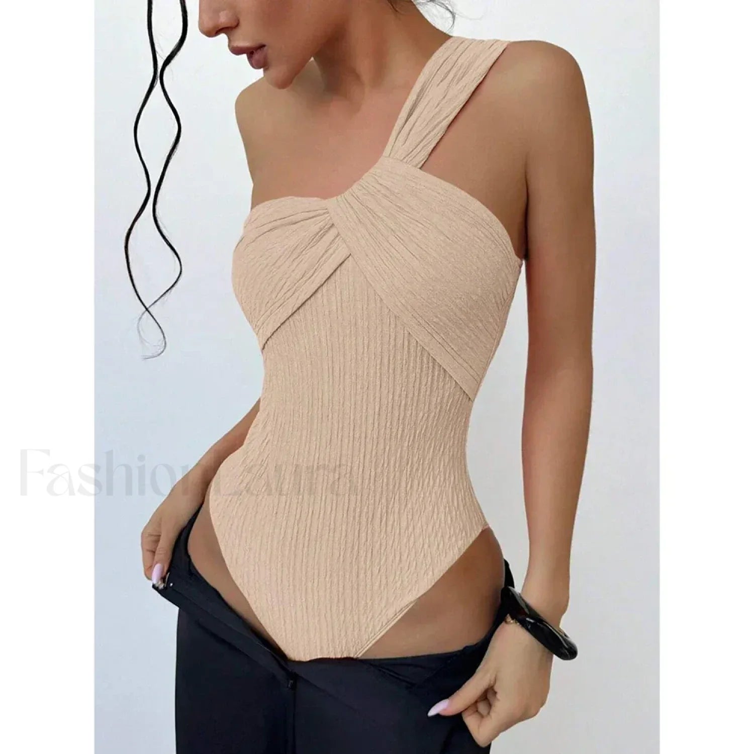 Ribbed One Shoulder Cut Out One Piece Beige / S