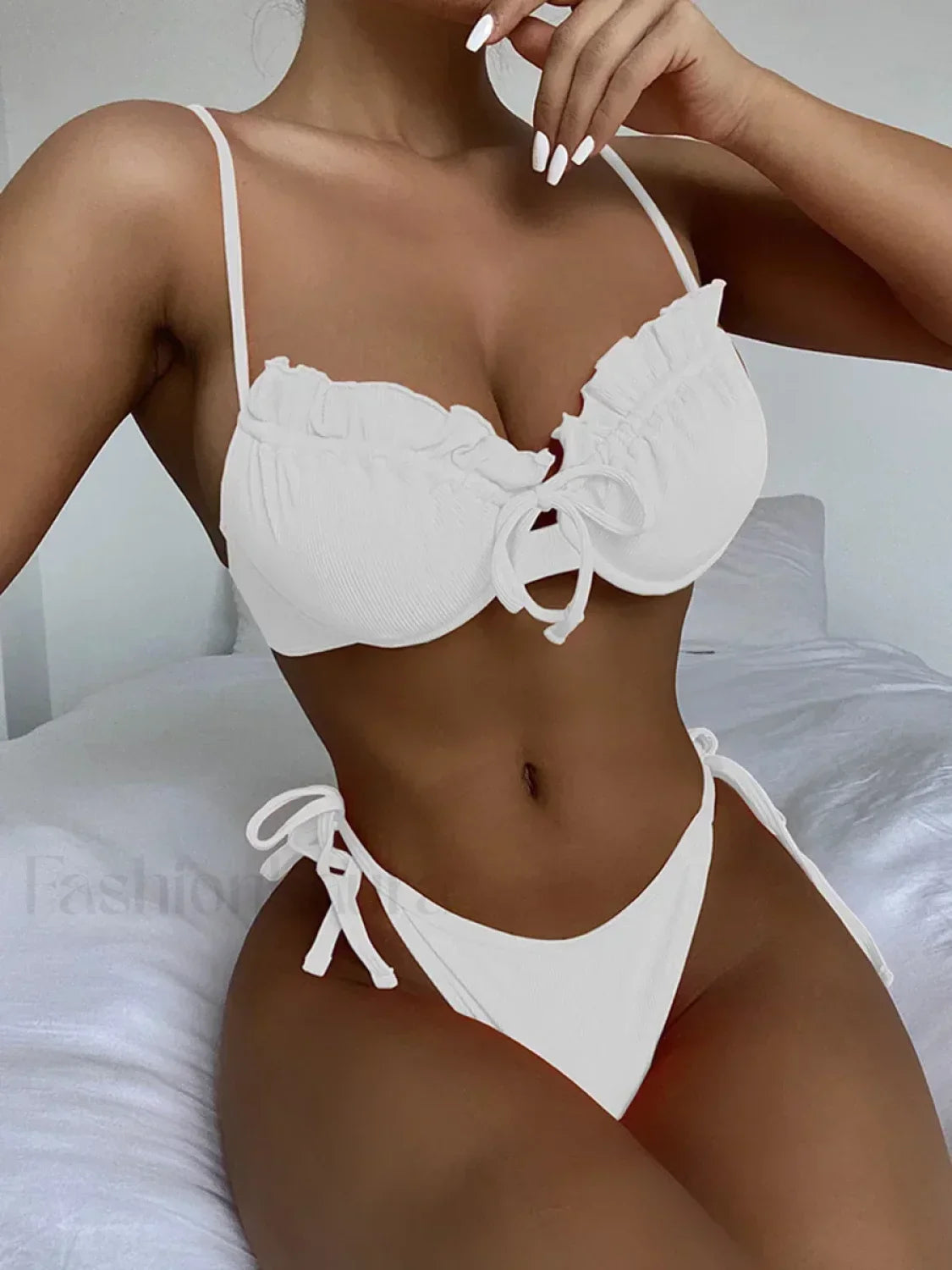 Ribbed Underwired Ruffled Frill Bikini Set White / S