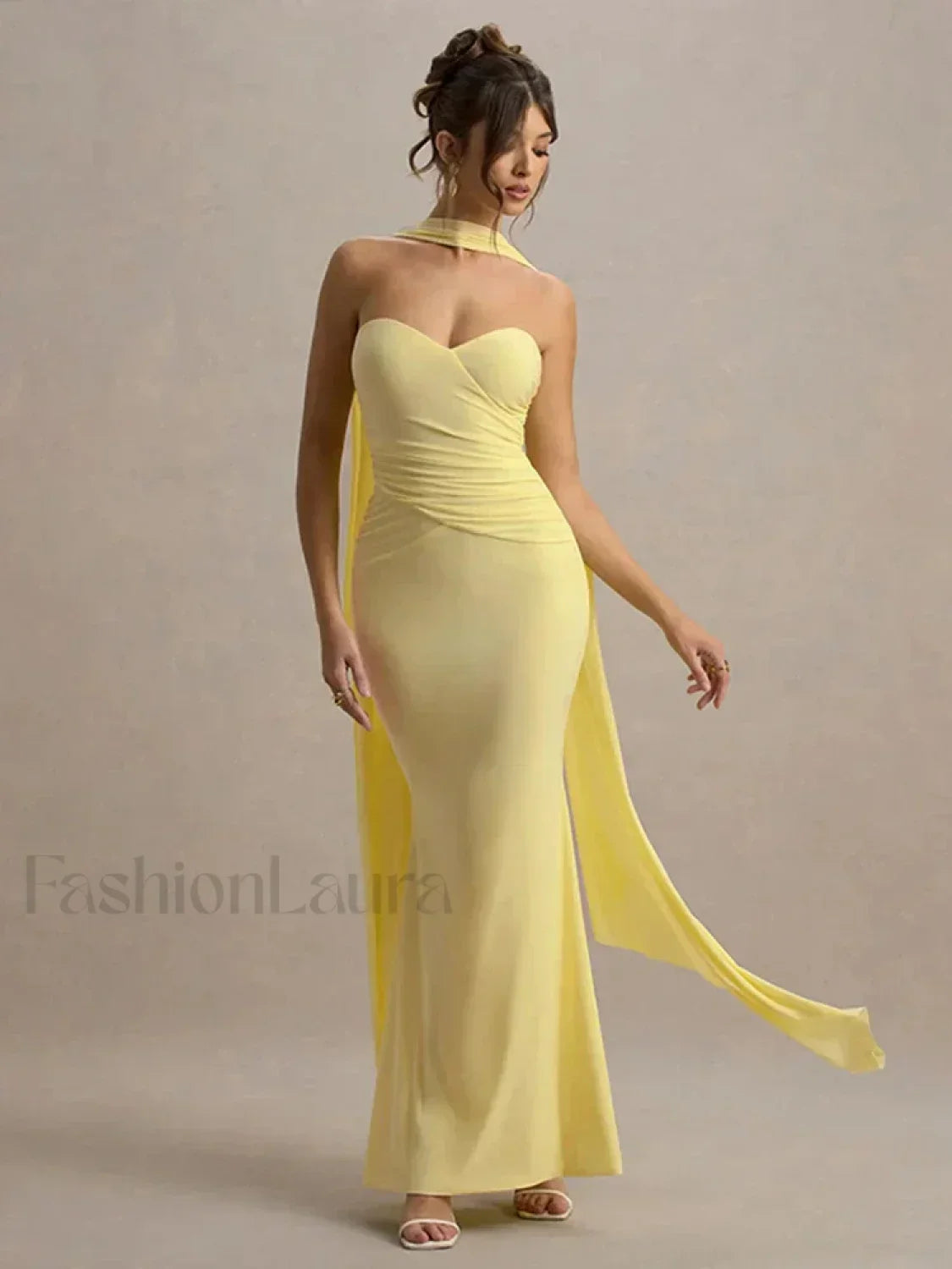Ribbon Strapless Pleated Maxi Dress Yellow / S