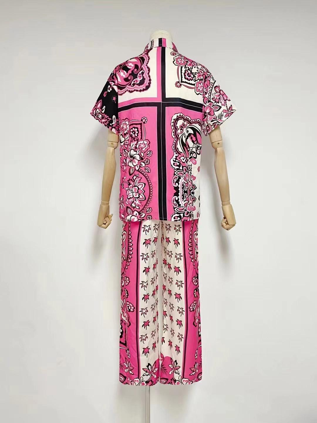 KittenAlarm - Riley Short Sleeve Bandana Print Top & Straight Pants Set