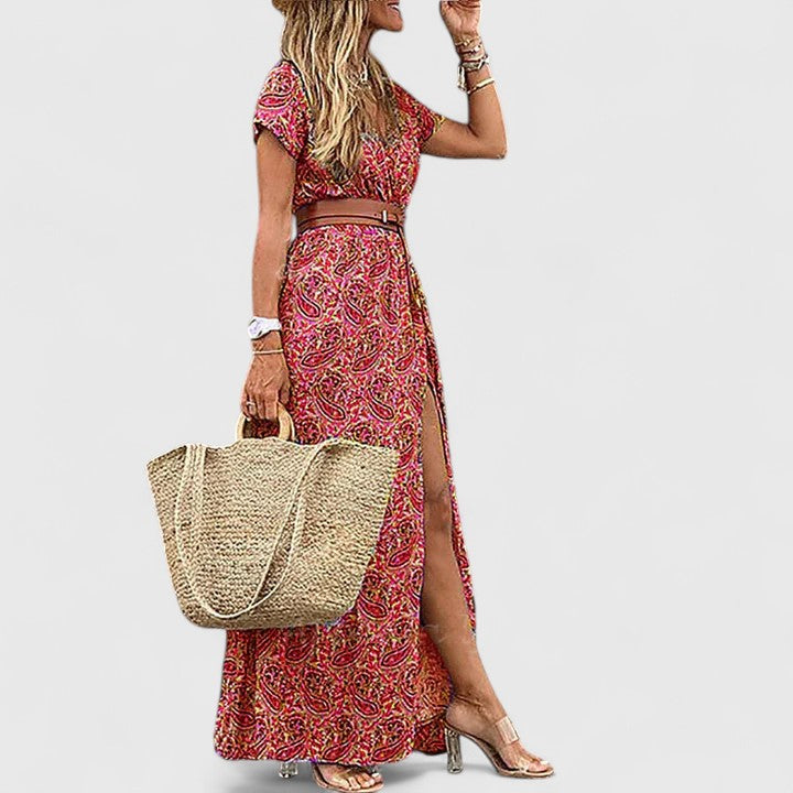 Paisley Print V-Neck Short Sleeve Belted Split Maxi Dress