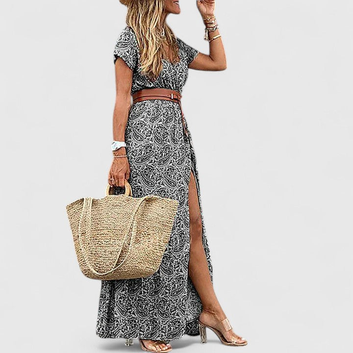 Paisley Print V-Neck Short Sleeve Belted Split Maxi Dress