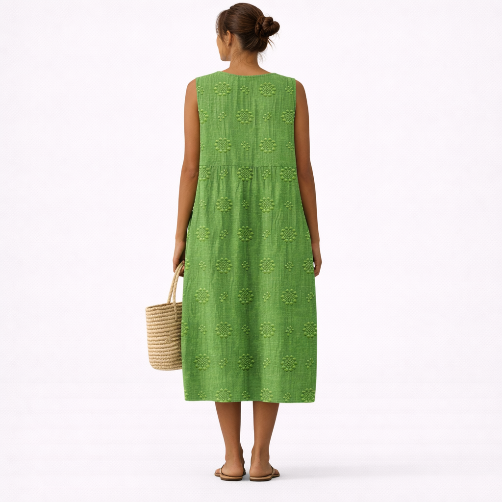 Textured Floral Crew Neck Sleeveless A-Line Midi Dress