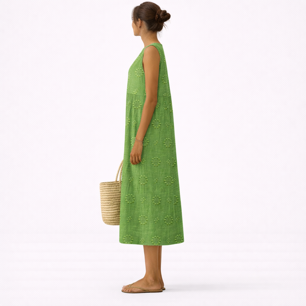 Textured Floral Crew Neck Sleeveless A-Line Midi Dress