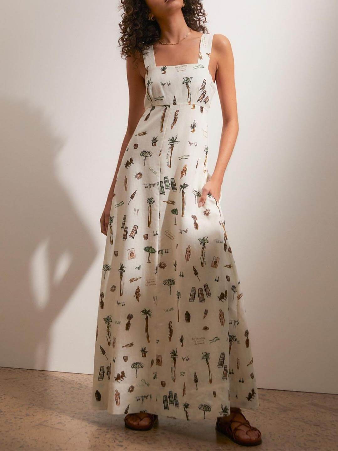 Palm Tree Resort Print Square Neck Wide Strap Pocket A-Line Maxi Dress 4