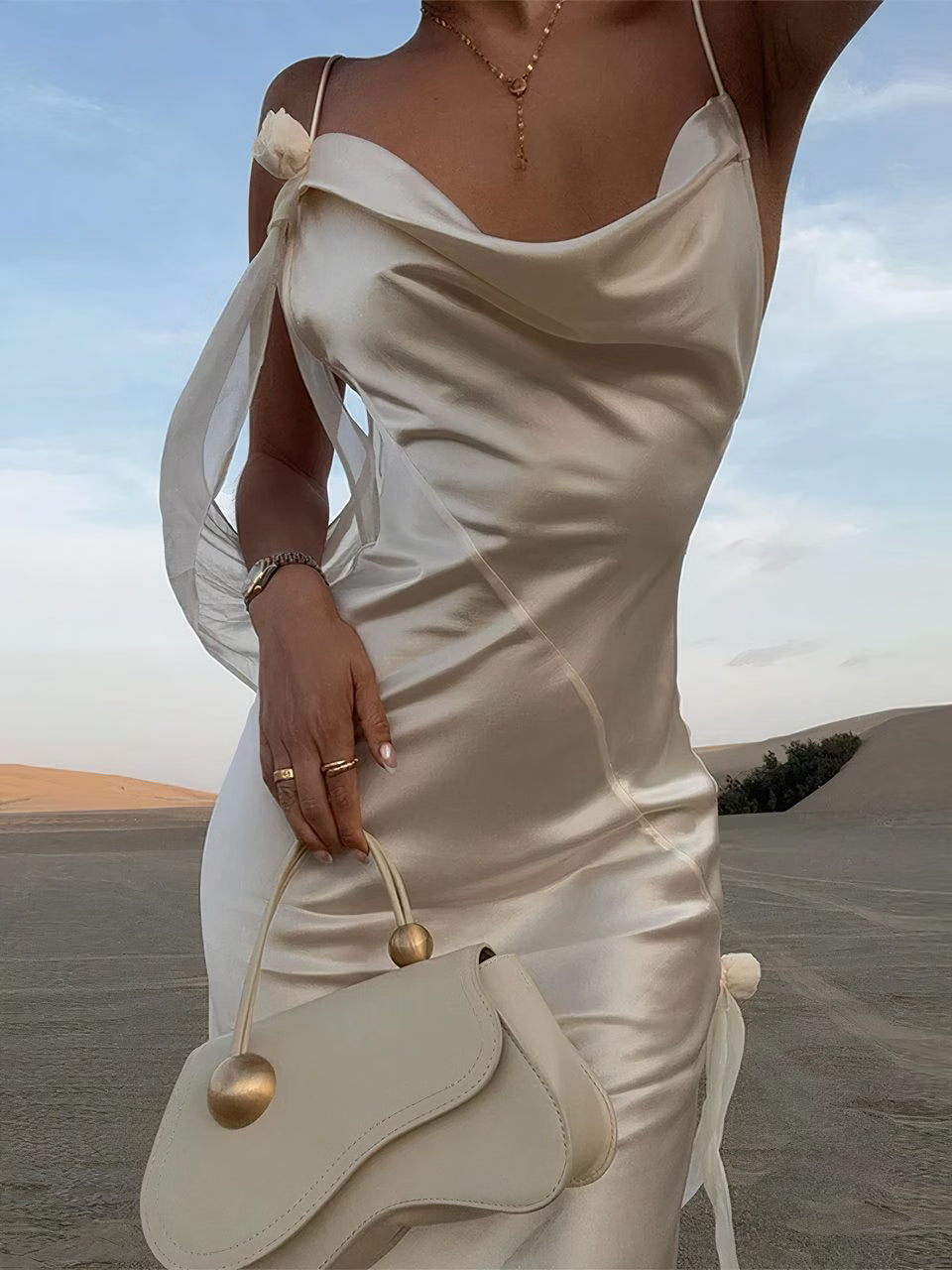 Satin Cowl Neck Spaghetti Strap Rosette Sash Maxi Dress