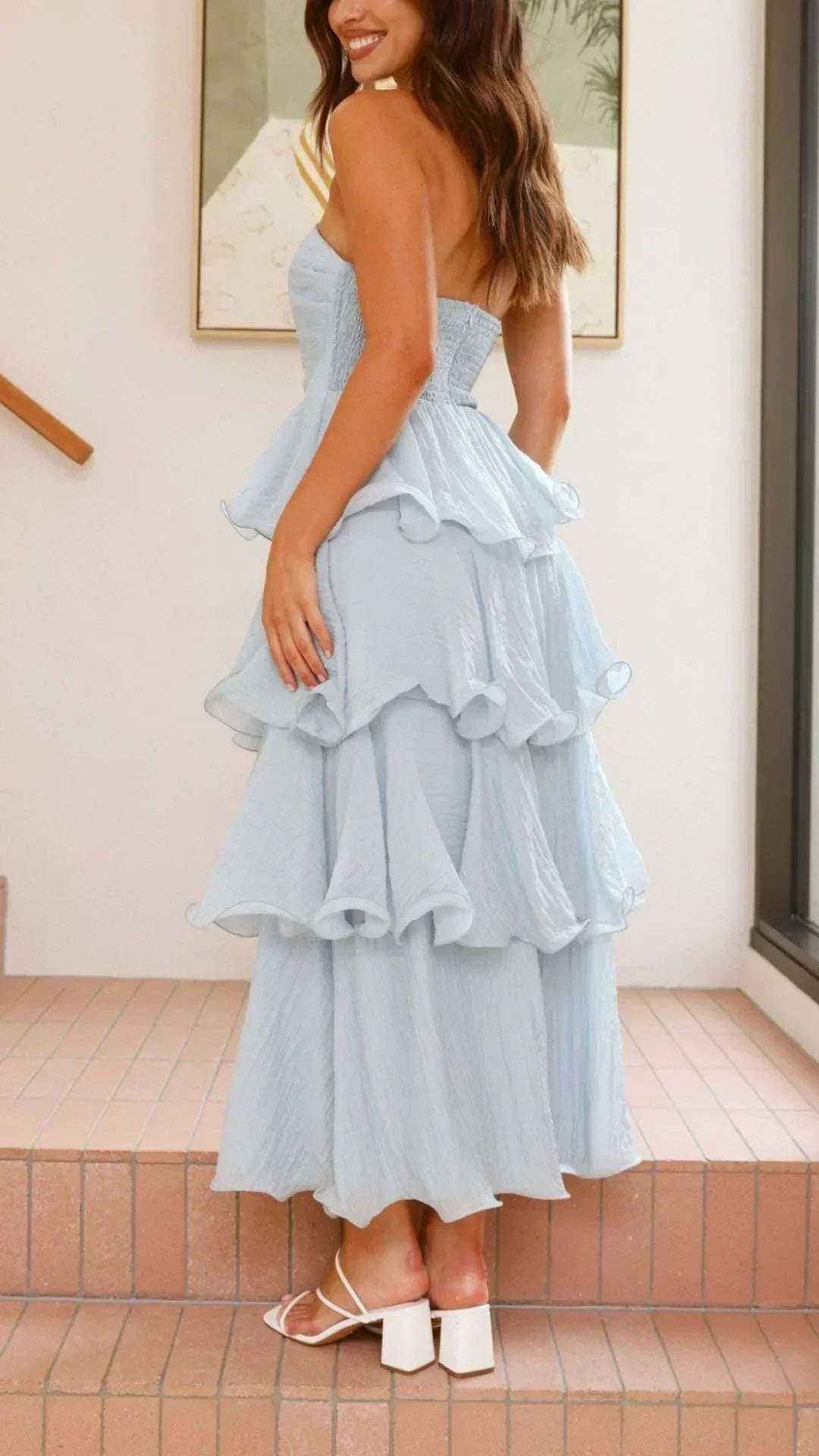 Strapless Ruched Tiered Ruffle Maxi Dress 6