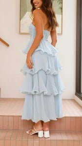 Strapless Ruched Tiered Ruffle Maxi Dress 6