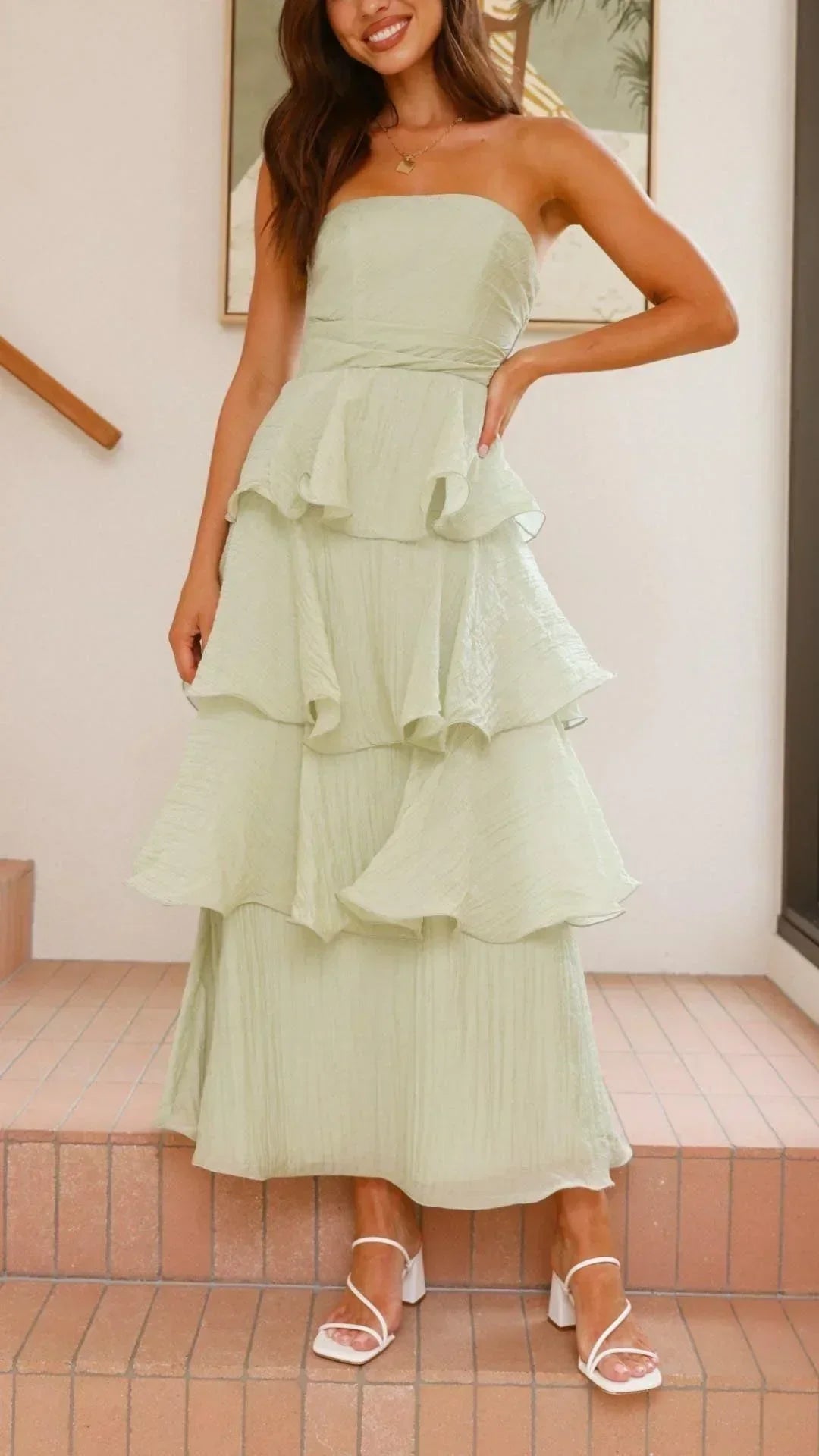 Strapless Ruched Tiered Ruffle Maxi Dress 7