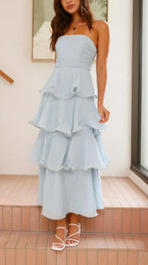Strapless Ruched Tiered Ruffle Maxi Dress 5