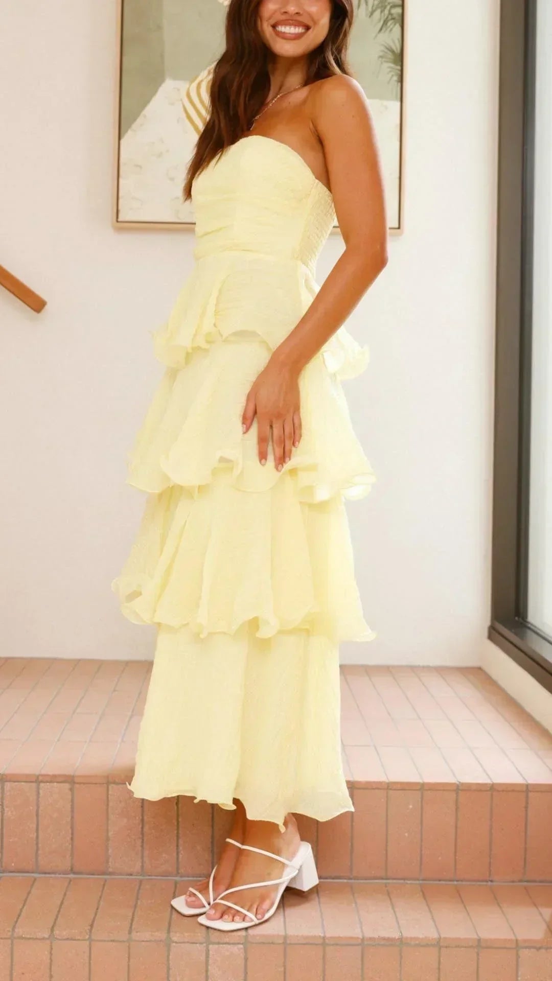 Strapless Ruched Tiered Ruffle Maxi Dress 2