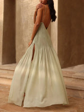 Deep V-Neck Spaghetti Strap Pleated Mermaid Maxi Dress 2