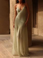 Deep V-Neck Spaghetti Strap Pleated Mermaid Maxi Dress