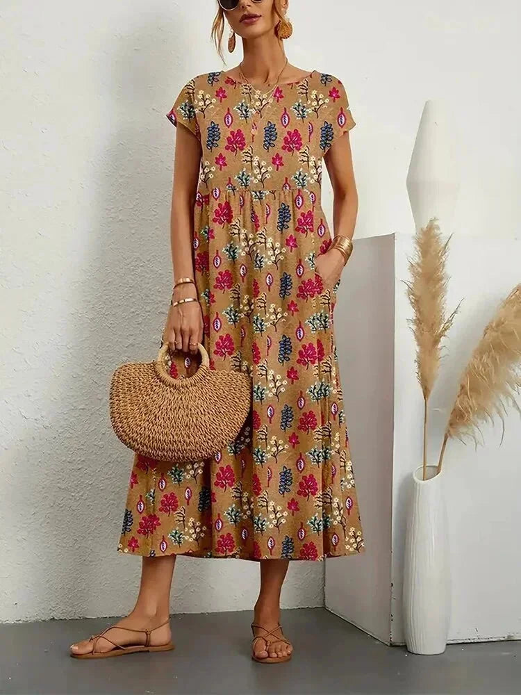 Floral Round Neck Short Sleeve Pocket Tiered Midi Dress