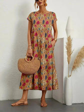 Floral Round Neck Short Sleeve Pocket Tiered Midi Dress 2