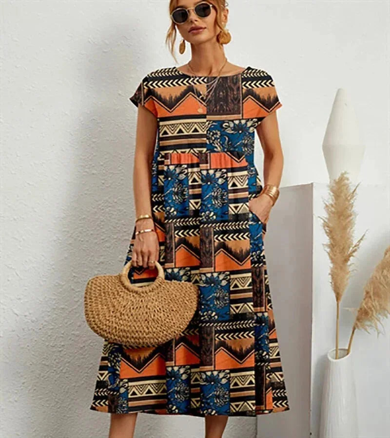 Floral Round Neck Short Sleeve Pocket Tiered Midi Dress 5