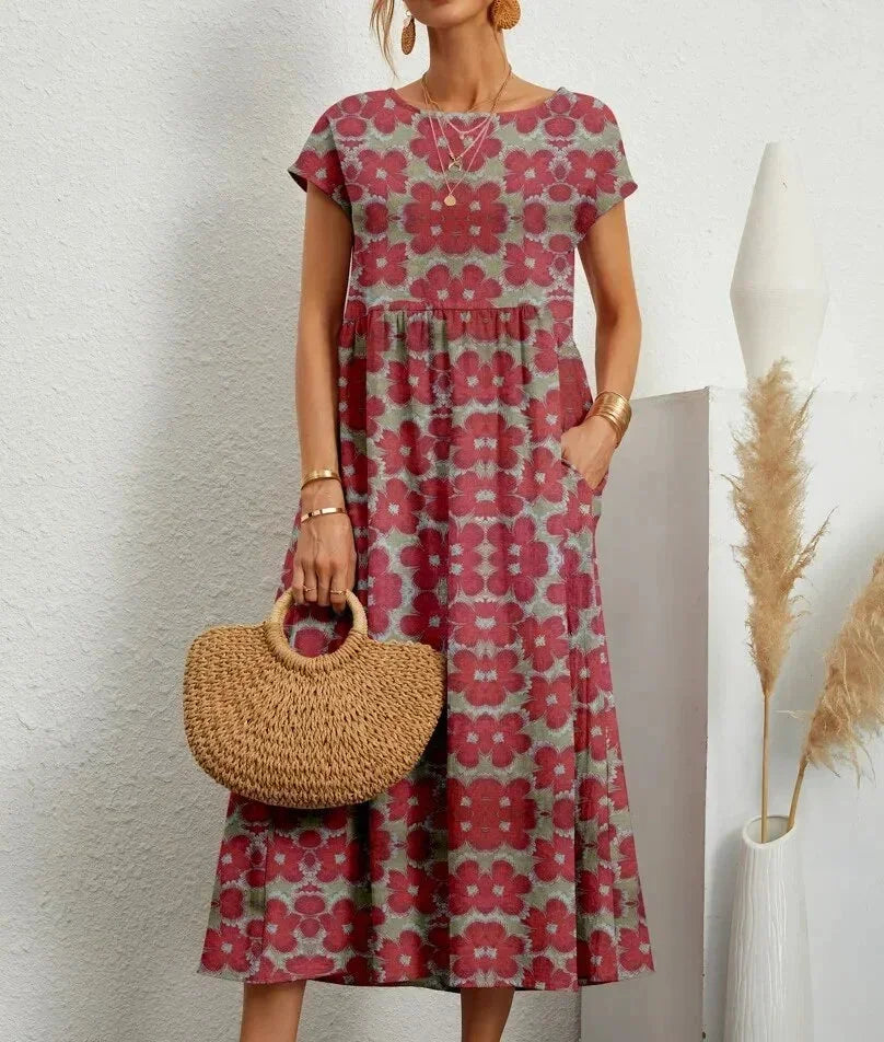 Floral Round Neck Short Sleeve Pocket Tiered Midi Dress 8