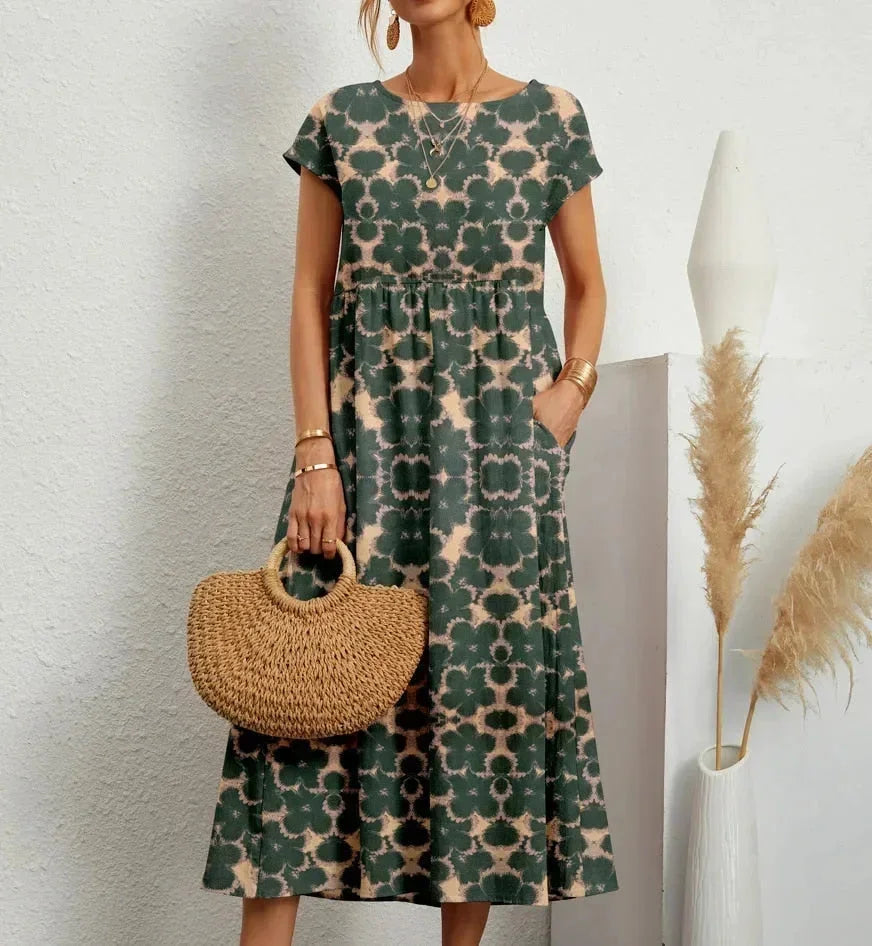 Floral Round Neck Short Sleeve Pocket Tiered Midi Dress 10