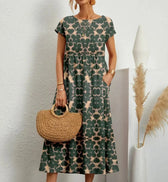 Floral Round Neck Short Sleeve Pocket Tiered Midi Dress 10