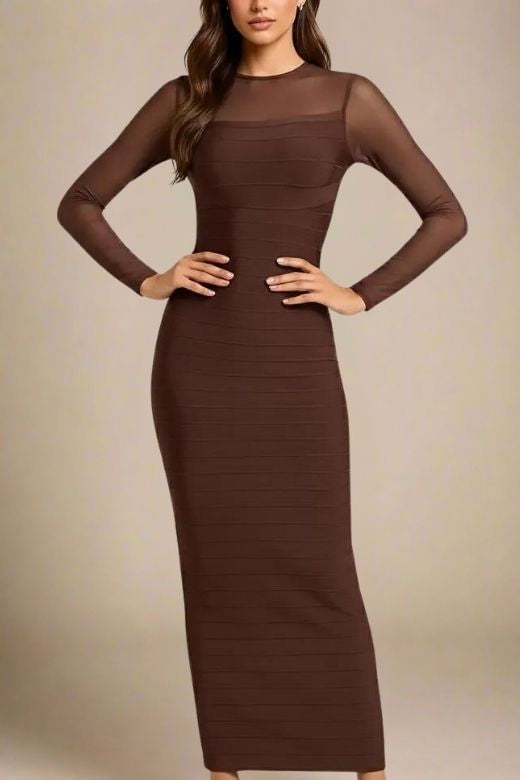 Robin Long Sleeve Bandage Maxi Dress - Tan Brown