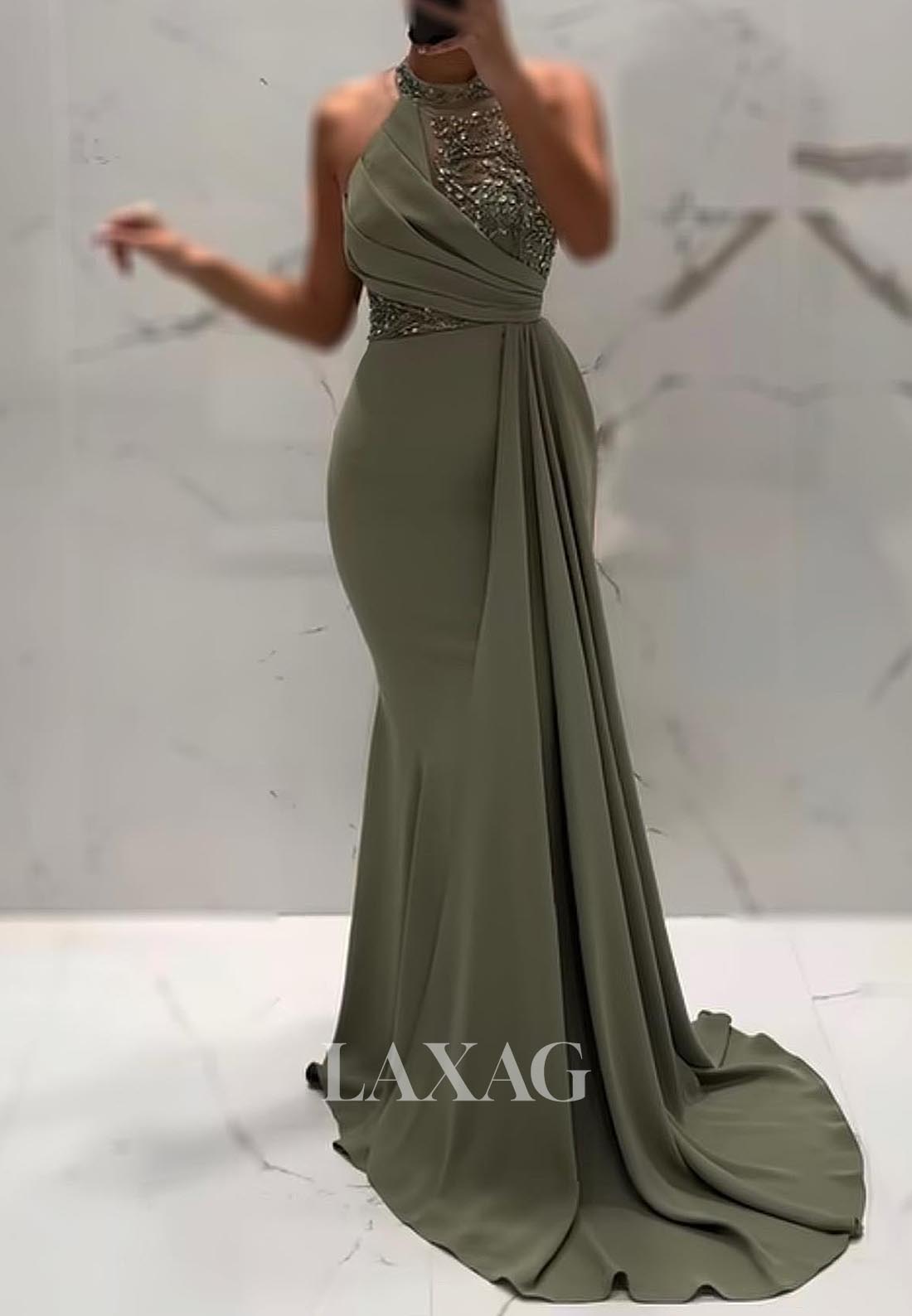 Halter-Neck Off-Shoulder Sleeveless Mermaid Evening Dress Beaded Pleated Satin Formal Gowns