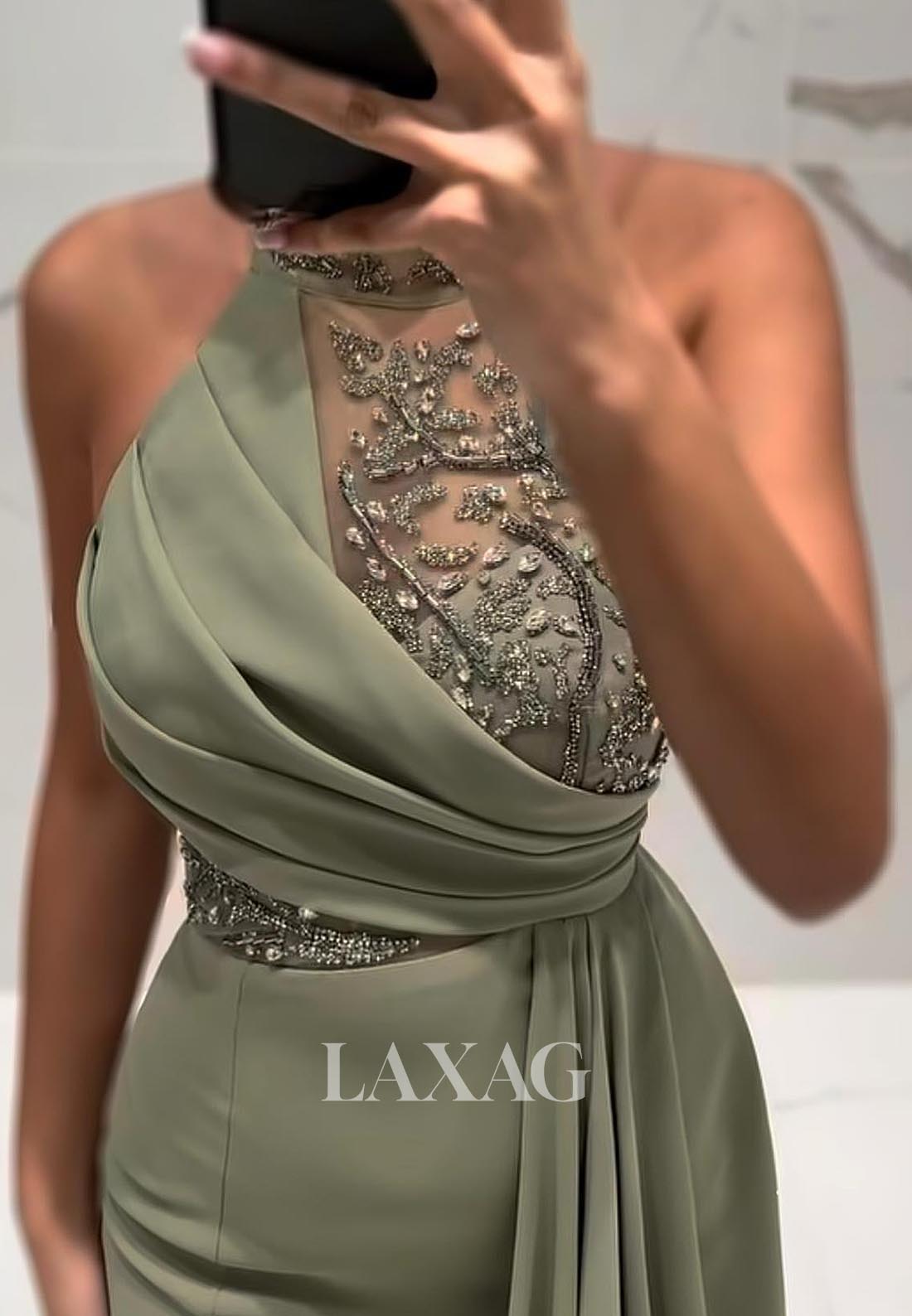 Halter-Neck Off-Shoulder Sleeveless Mermaid Evening Dress Beaded Pleated Satin Formal Gowns