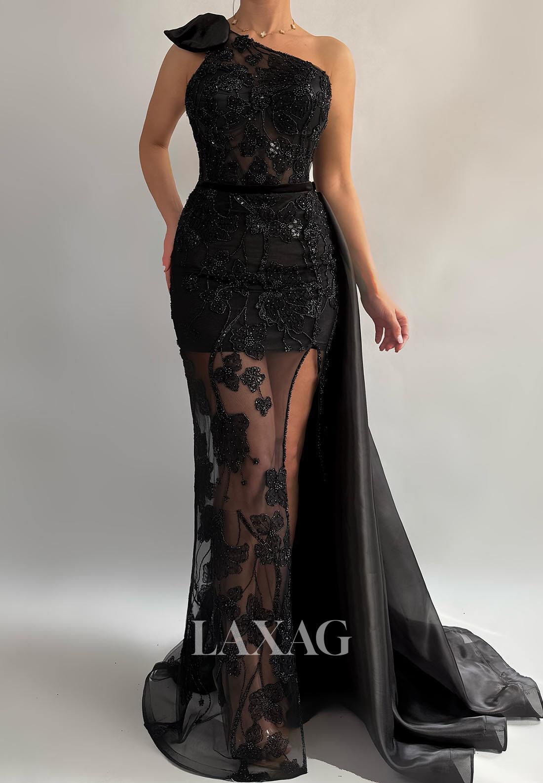 Asymmetrical-Neck Sleeveless High Slit Mermaid Evening Dress Beaded Pleated Tulle Formal Gowns