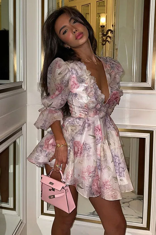 Romantic 3D Flower Printed Deep V Neck Puff Sleeve Party Mini Dress