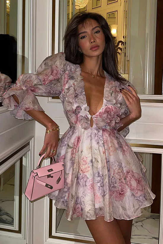 Romantic 3D Flower Printed Deep V Neck Puff Sleeve Party Mini Dress