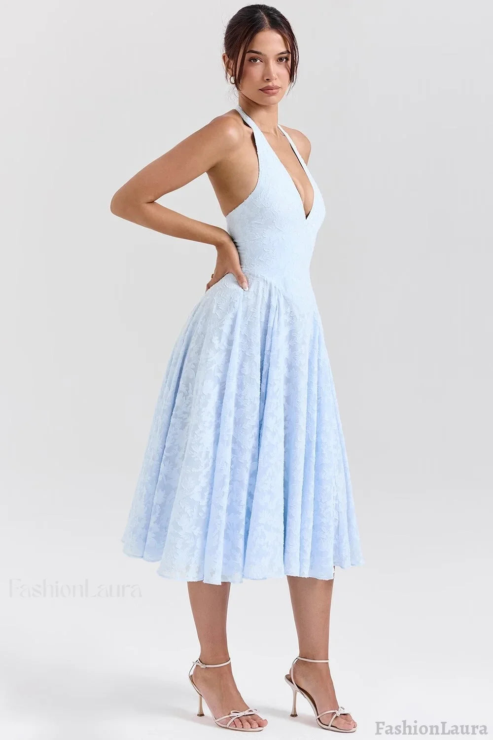 Romantic Blue Halter Jacquard Party Dress