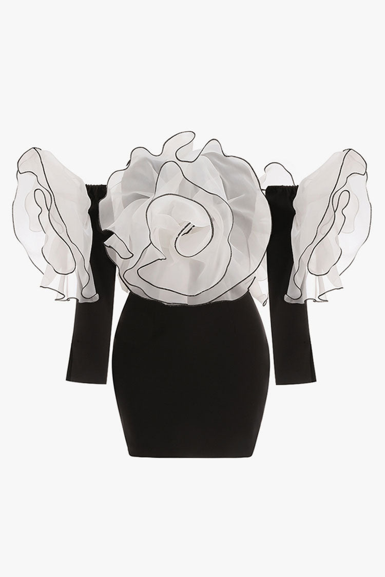 Romantic Contrast Rosette Off Shoulder Bodycon Jersey Party Mini Dress