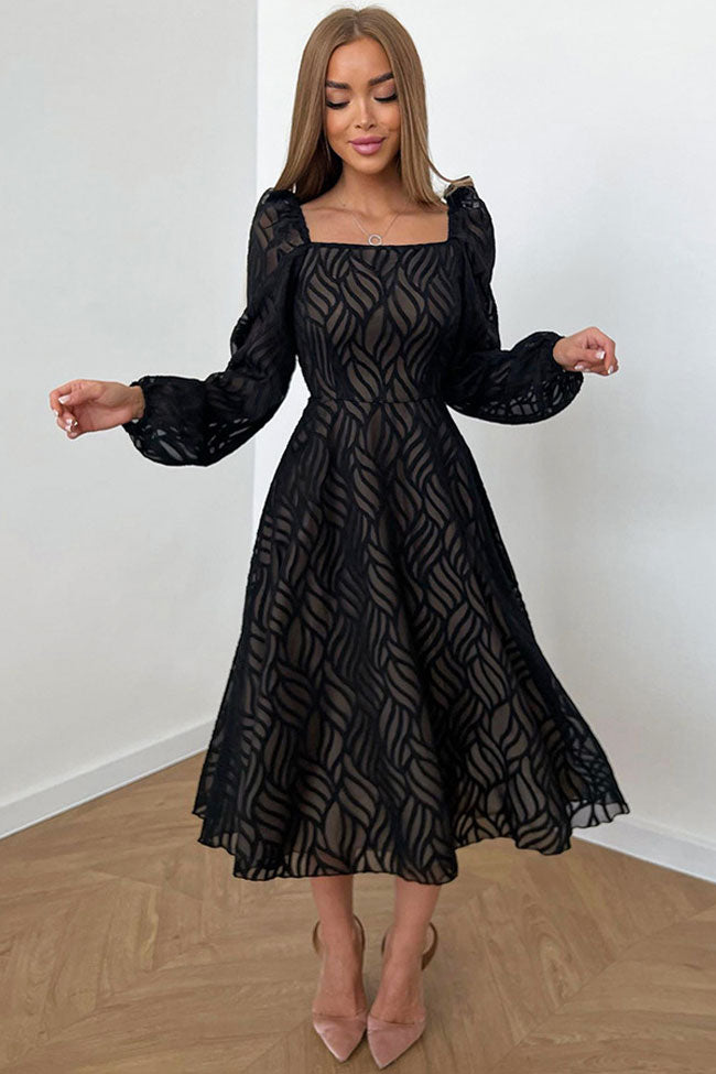 Romantic Square Neck Puff Sleeve Jacquard Chiffon Midi Dress - Black 2
