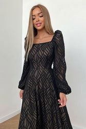 Romantic Square Neck Puff Sleeve Jacquard Chiffon Midi Dress - Black 3